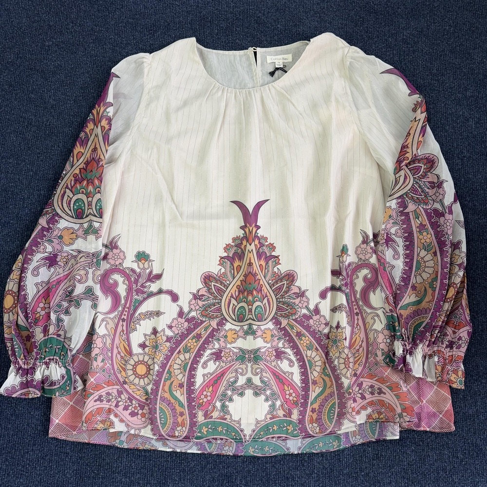 Cotton Bleu Blouse Womens 1X Multicolor‎ Paisley Sheer Balloon Sleeve Tunic Top